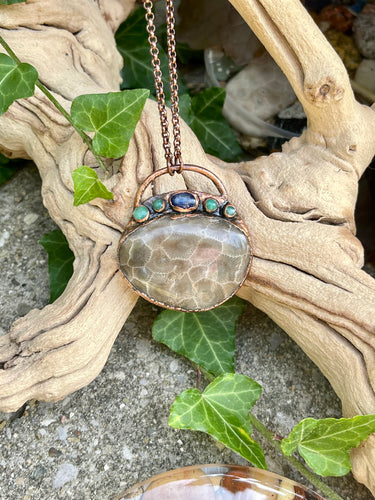 Petoskey Stone Necklace with Kyanite and Chrysocolla