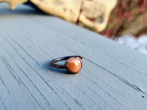 Copper Faceted Peach Moonstone Stacker Ring - Size 6