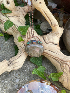 Petoskey Stone Necklace with Kyanite and Chrysocolla